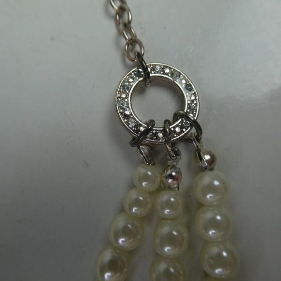 Triple Multi Strand Graduated Round Faux Pearl Beaded Rhinestone Bib Necklace - Picture 6 of 9